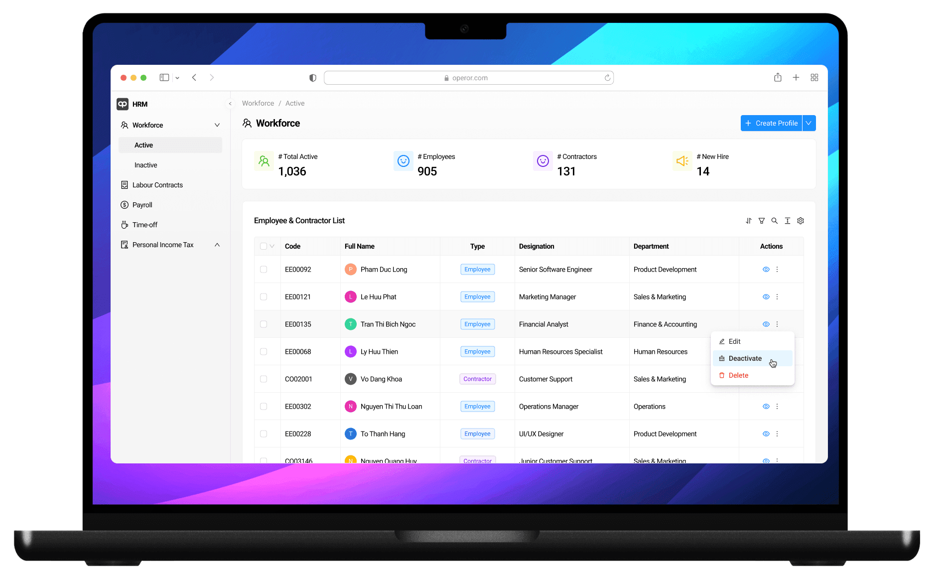 Tab feature of operor