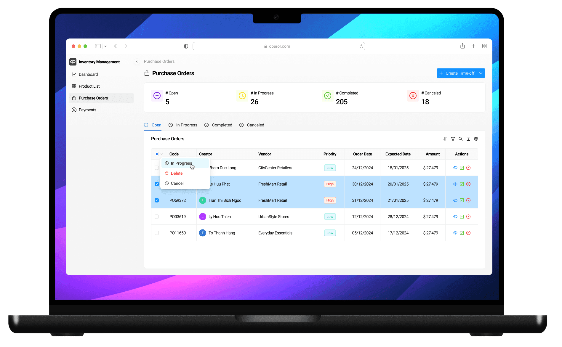 Tab feature of operor